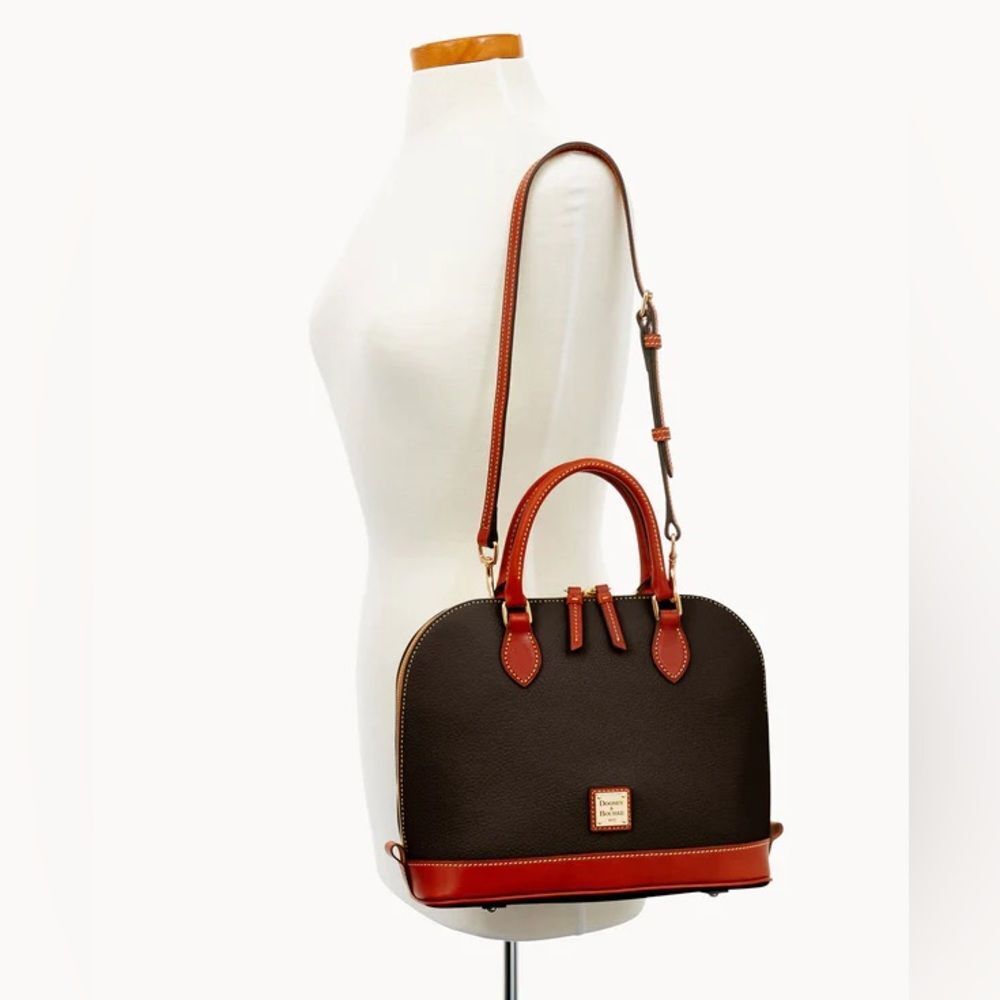 Dooney & Bourke Zip Zip Satchel Pebble Grain Black Tan Crossbody
